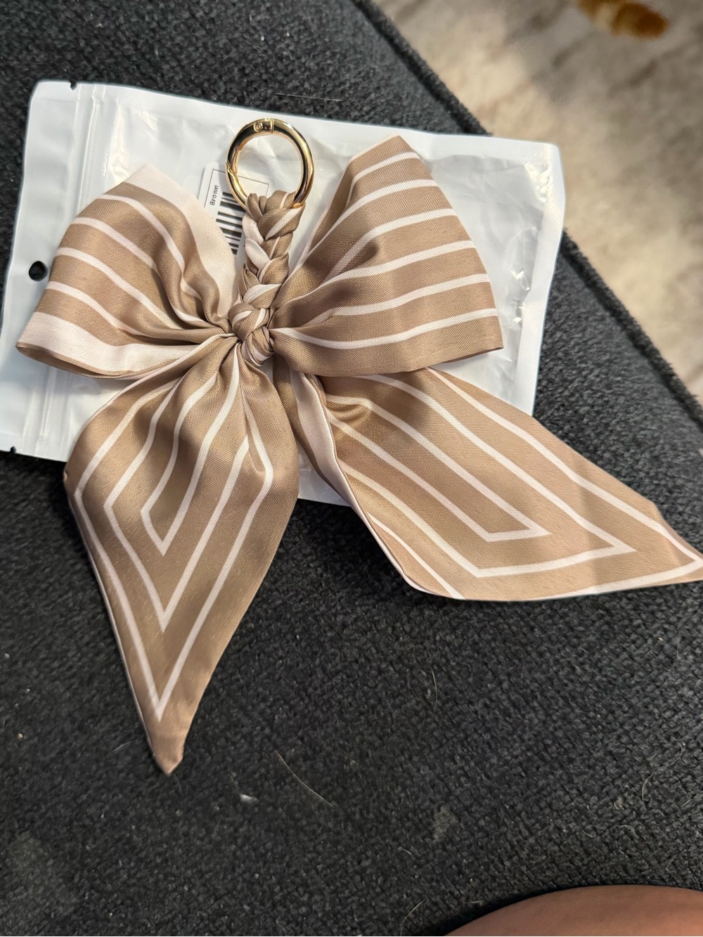 Striped Bow Keychain Charm - Taupe